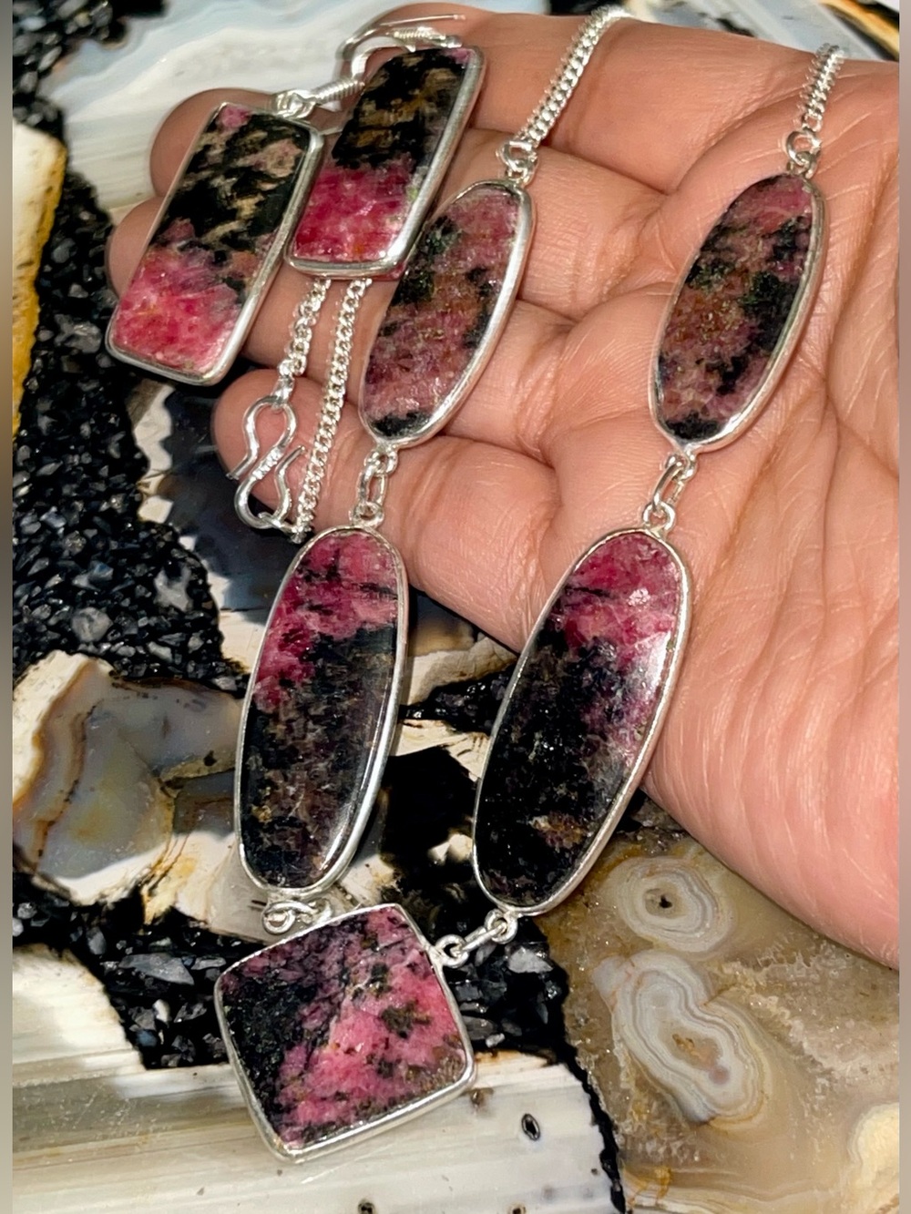 Beautiful Deep Dark Red Rhodonite Necklace & Earrings Set